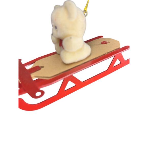 Vintage Flocked Teddy Bear on Sled Ornament Metal Wood - Picture 3 of 6